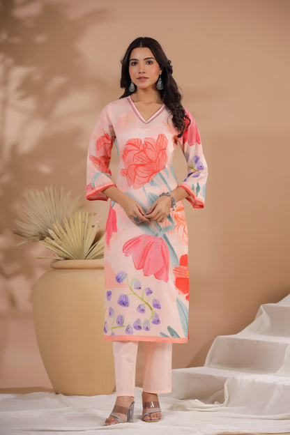 Peach Floral Cotton Suit Set