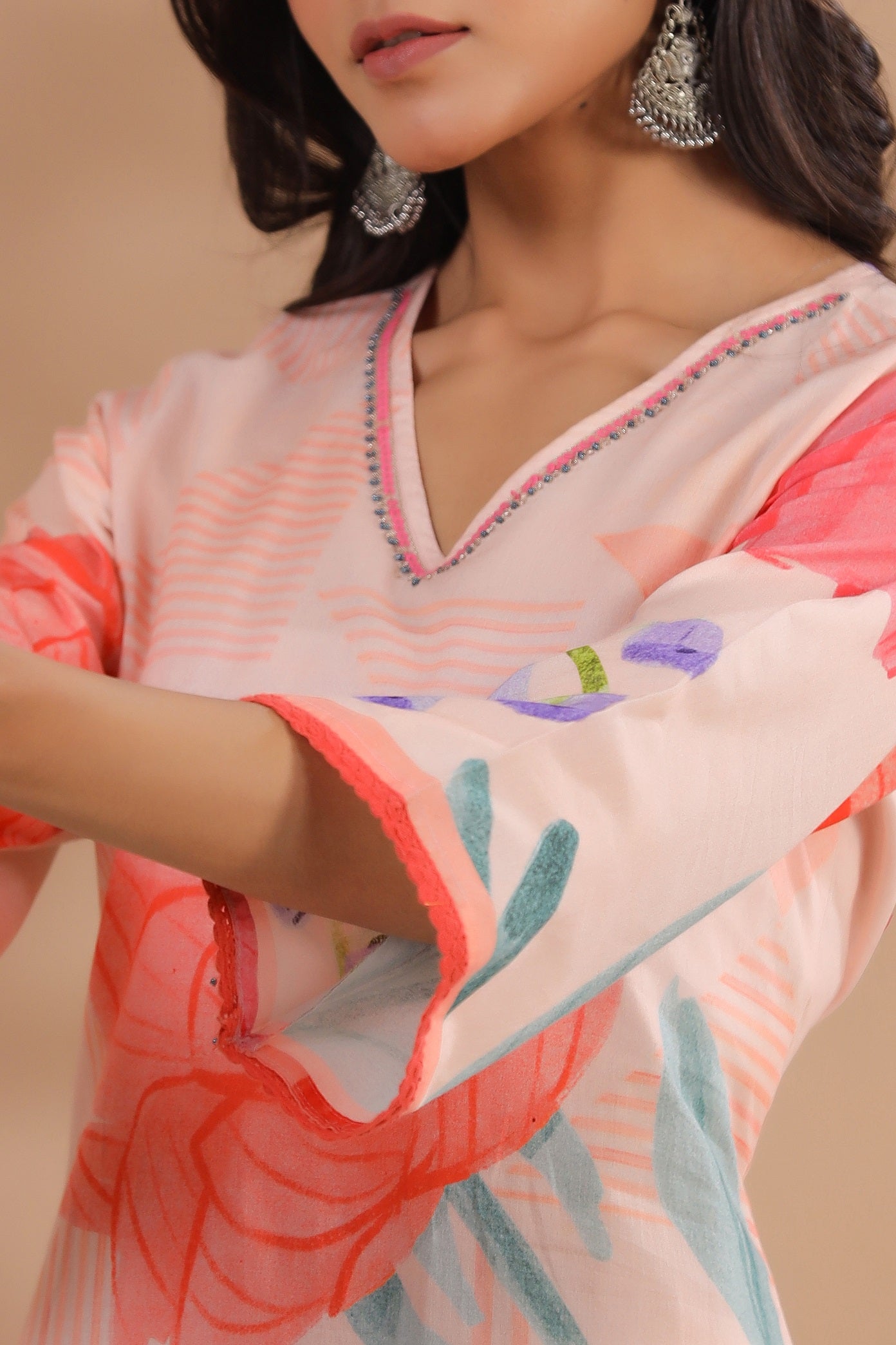 Peach Floral Cotton Suit Set