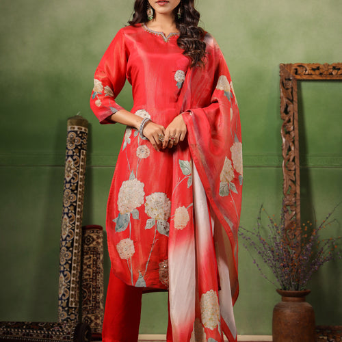 Red Shimmer Floral Suit Set