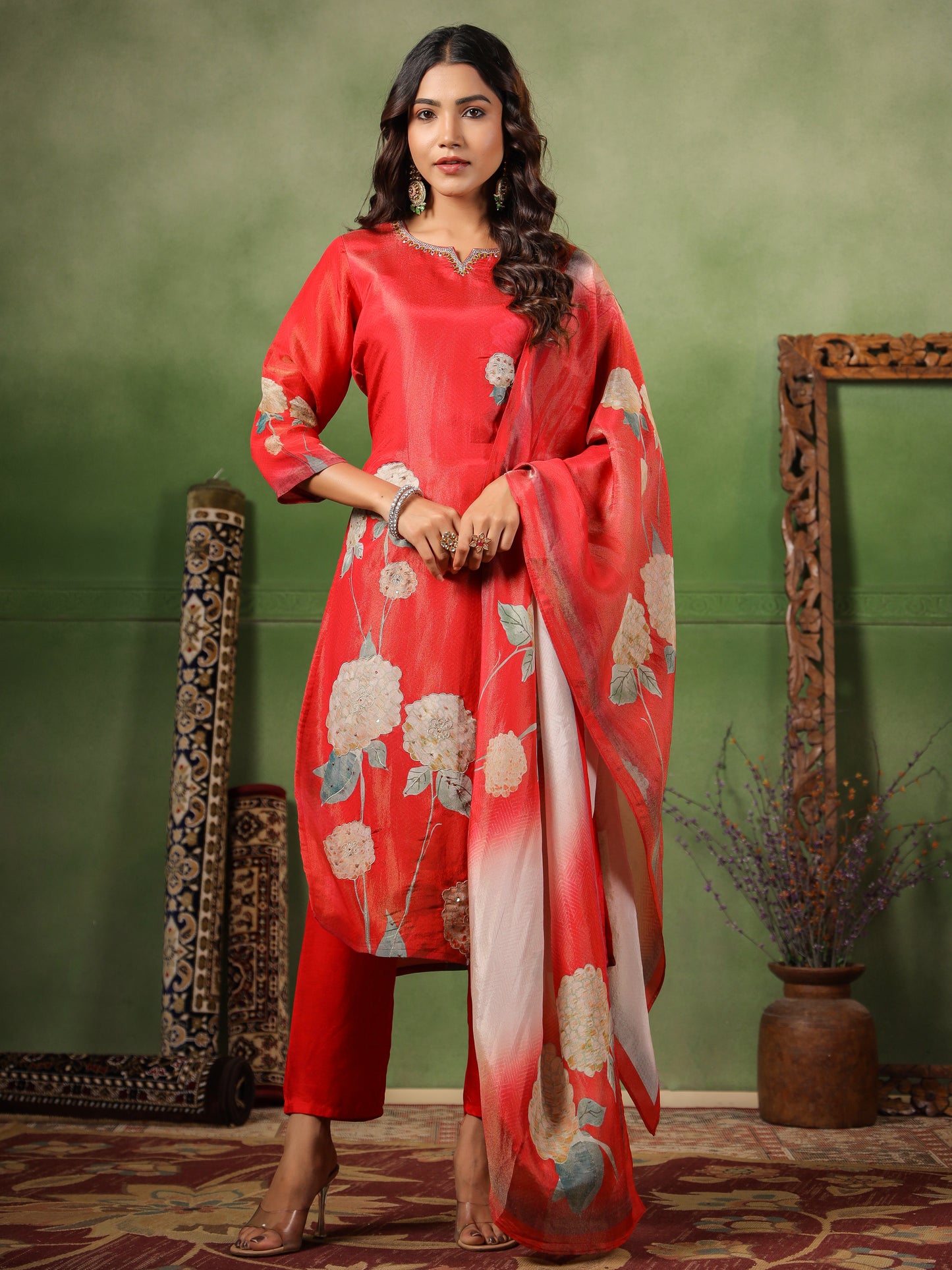 Red Shimmer Floral Suit Set