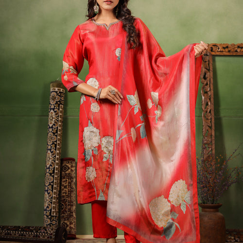 Red Shimmer Floral Suit Set