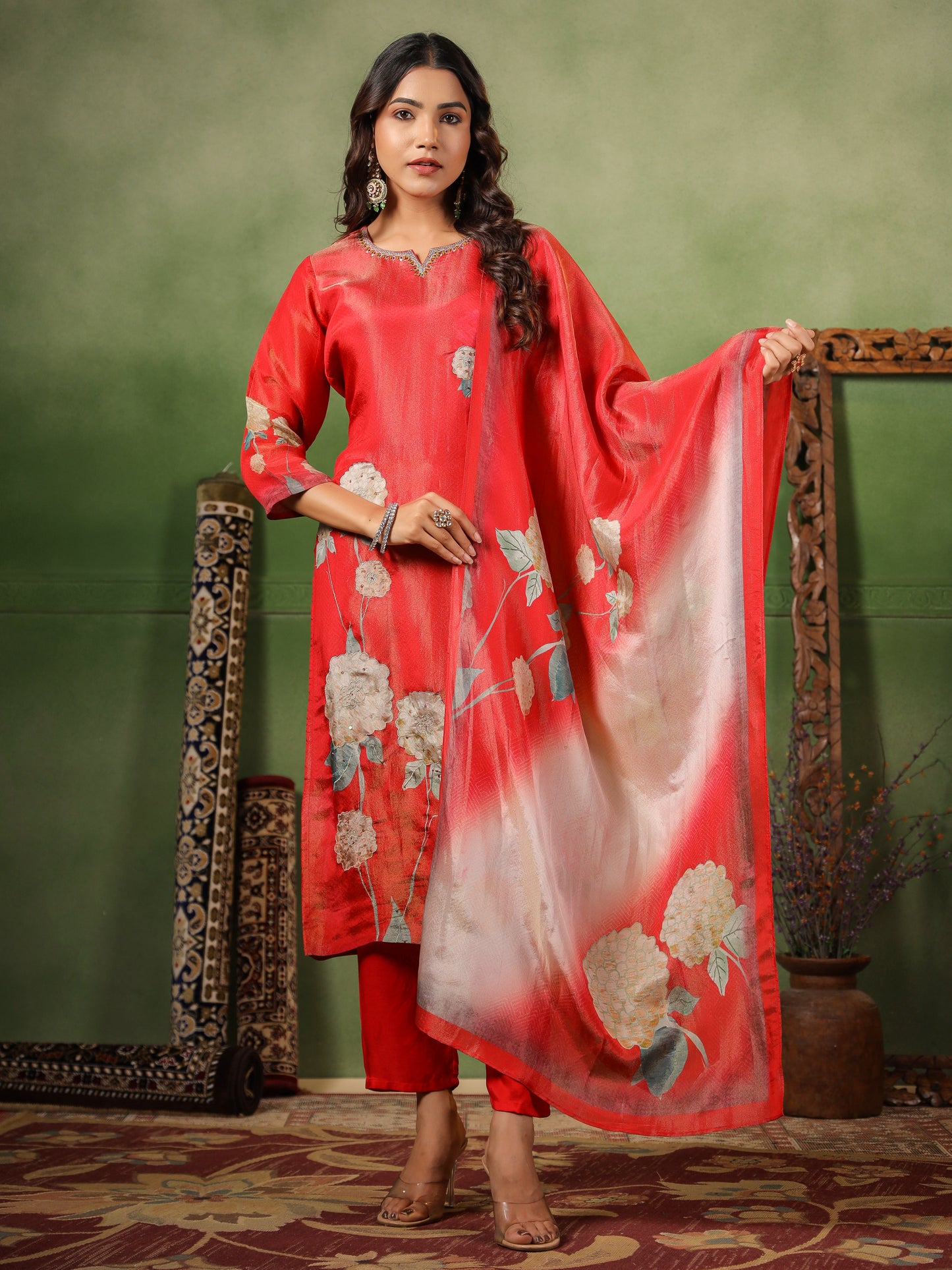 Red Shimmer Floral Suit Set