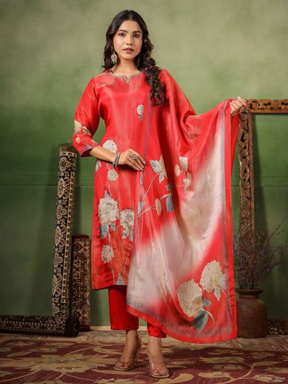 Red Shimmer Floral Suit Set