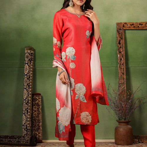 Red Shimmer Floral Suit Set