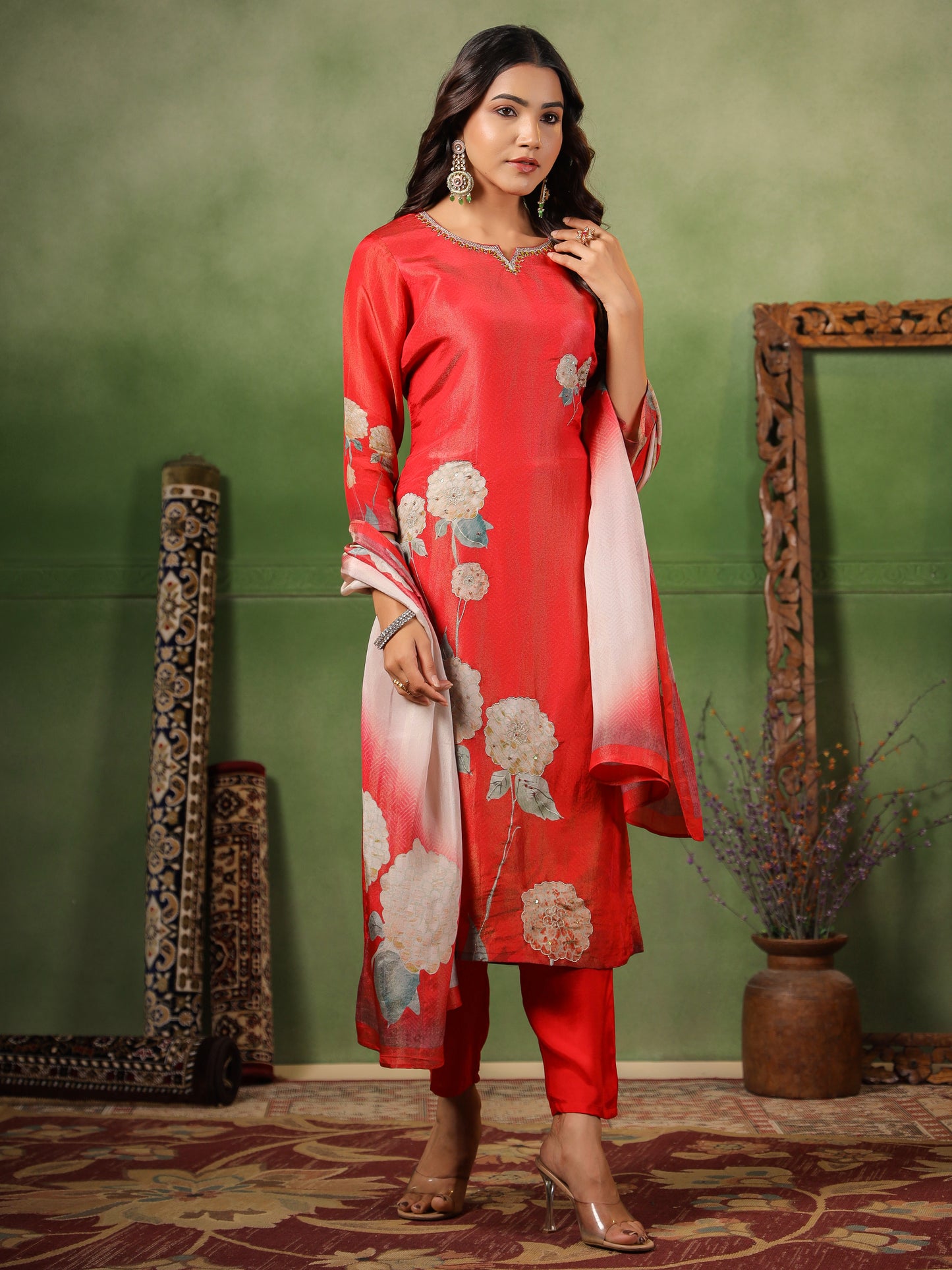 Red Shimmer Floral Suit Set