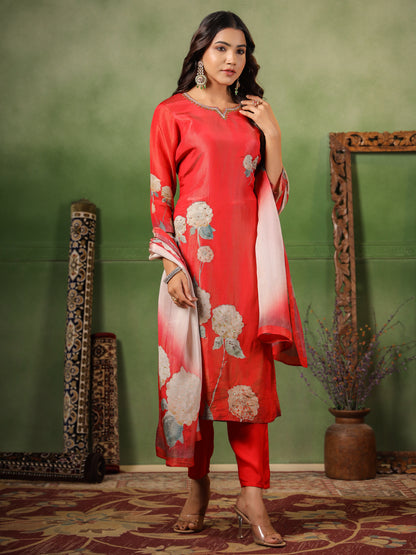 Red Shimmer Floral Suit Set