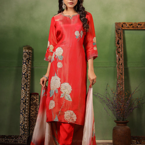 Red Shimmer Floral Suit Set