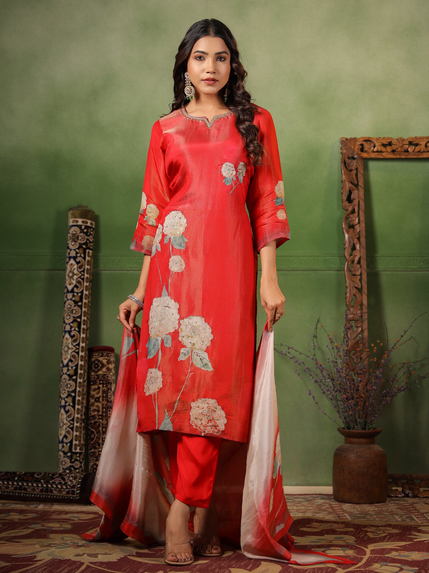 Red Shimmer Floral Suit Set