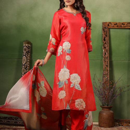 Red Shimmer Floral Suit Set