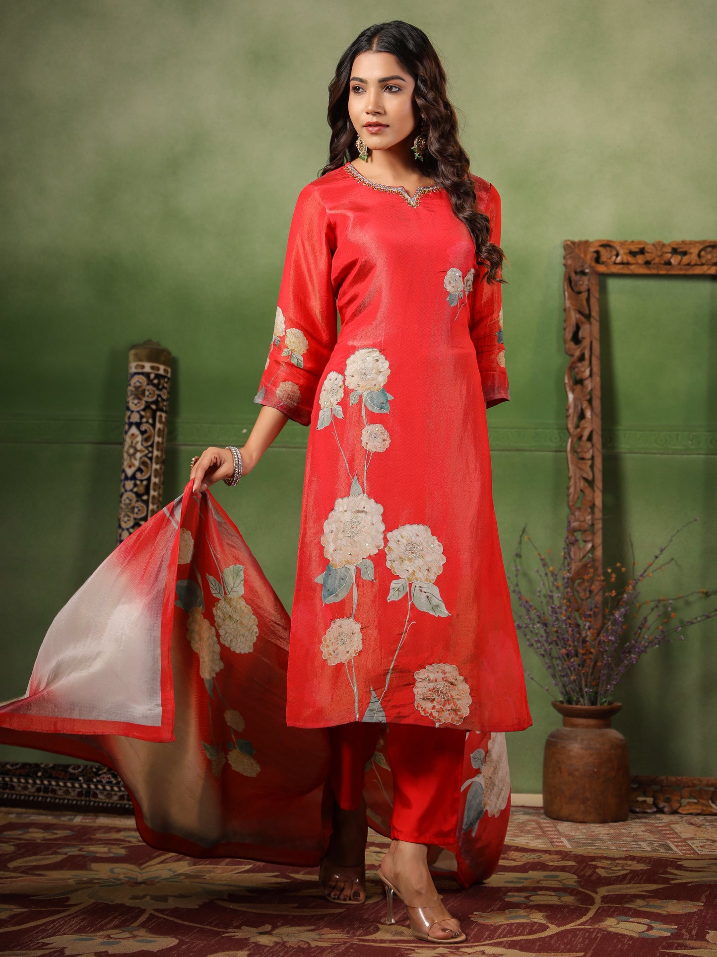 Red Shimmer Floral Suit Set