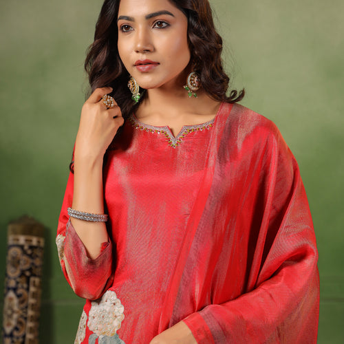 Red Shimmer Floral Suit Set