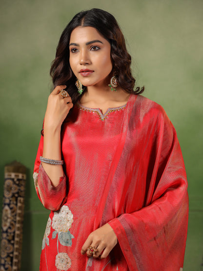 Red Shimmer Floral Suit Set