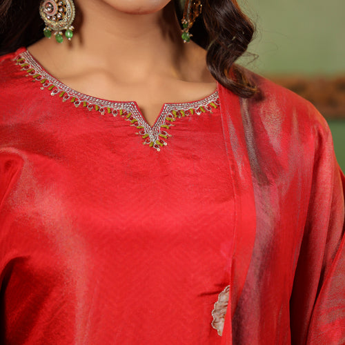 Red Shimmer Floral Suit Set