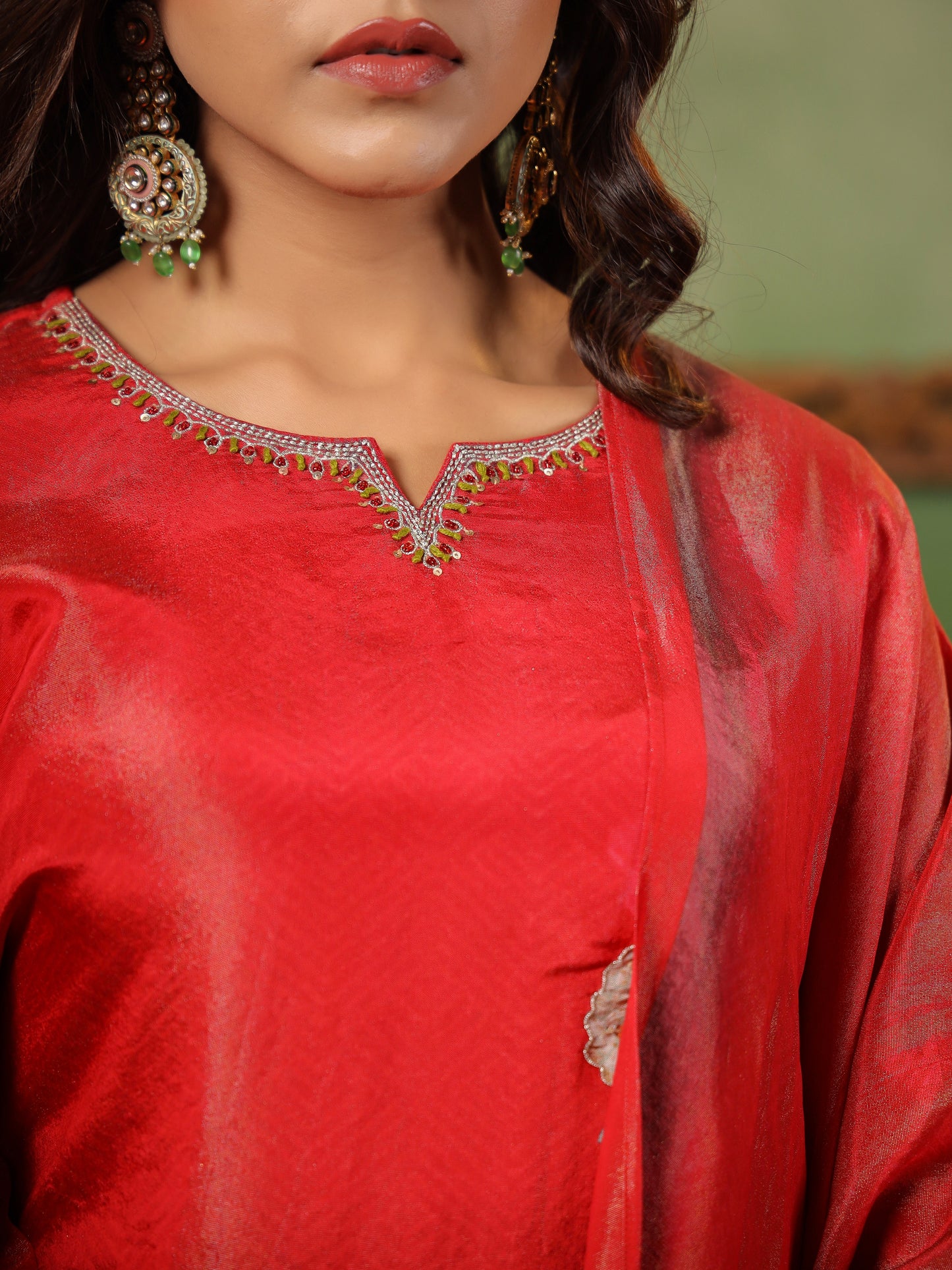 Red Shimmer Floral Suit Set