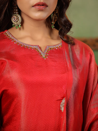 Red Shimmer Floral Suit Set