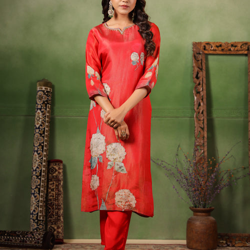 Red Shimmer Floral Suit Set
