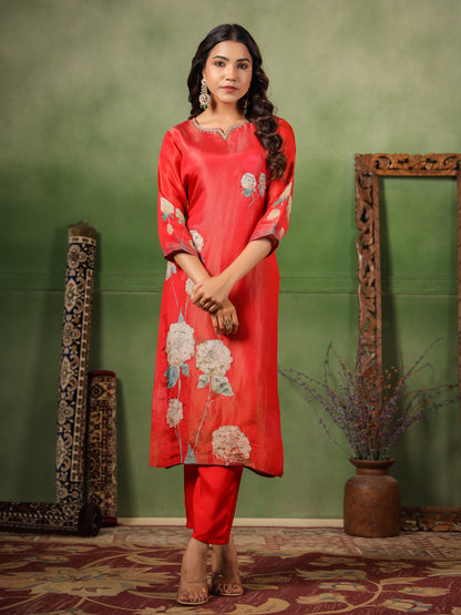Red Shimmer Floral Suit Set