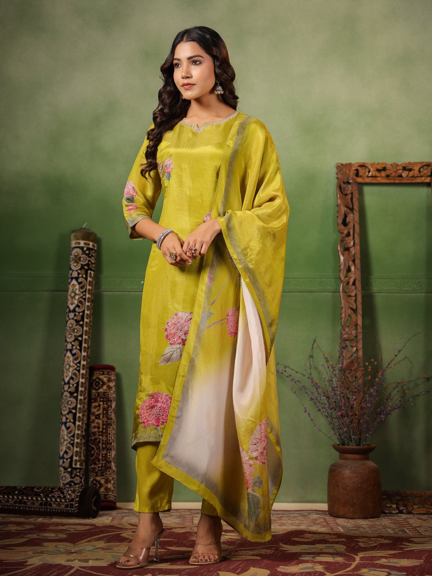 Green Shimmer Floral Suit Set