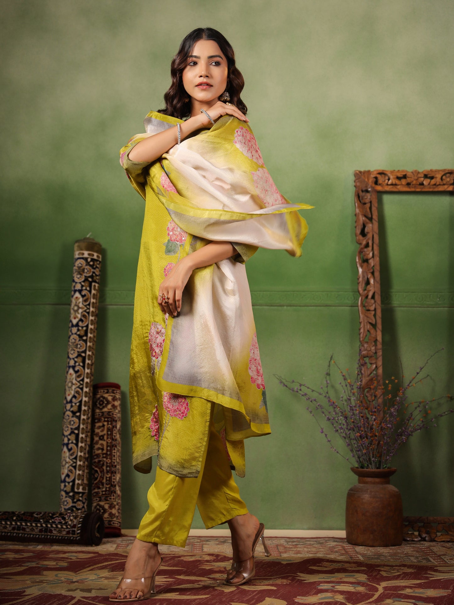 Green Shimmer Floral Suit Set