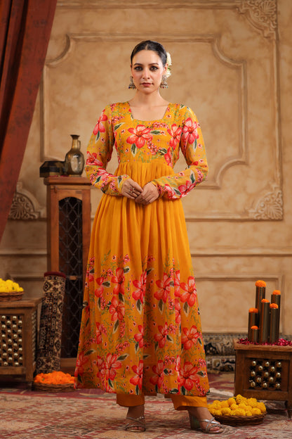 Mustard Organza Anarkali Suit Set