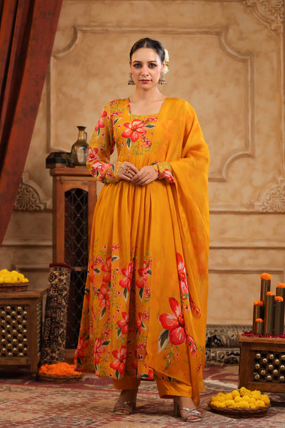 Mustard Organza Anarkali Suit Set