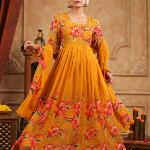 Mustard Organza Anarkali Suit Set