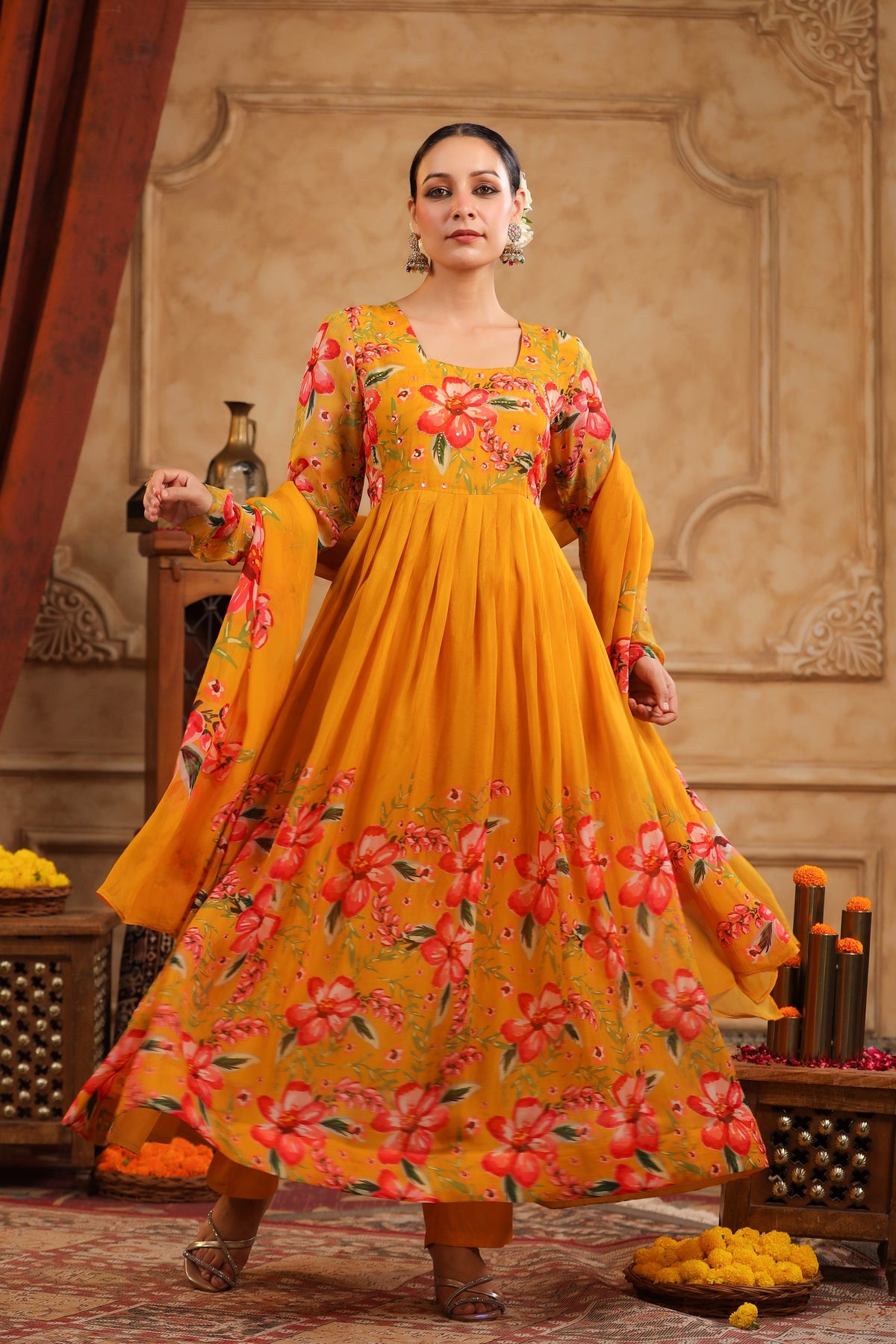 Mustard Organza Anarkali Suit Set
