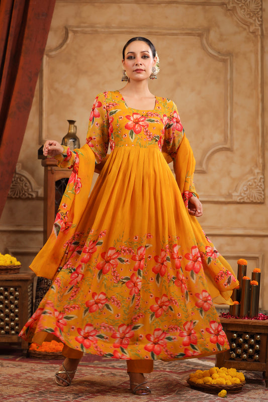 Mustard Organza Anarkali Suit Set