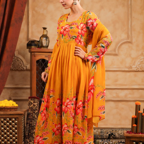 Mustard Organza Anarkali Suit Set