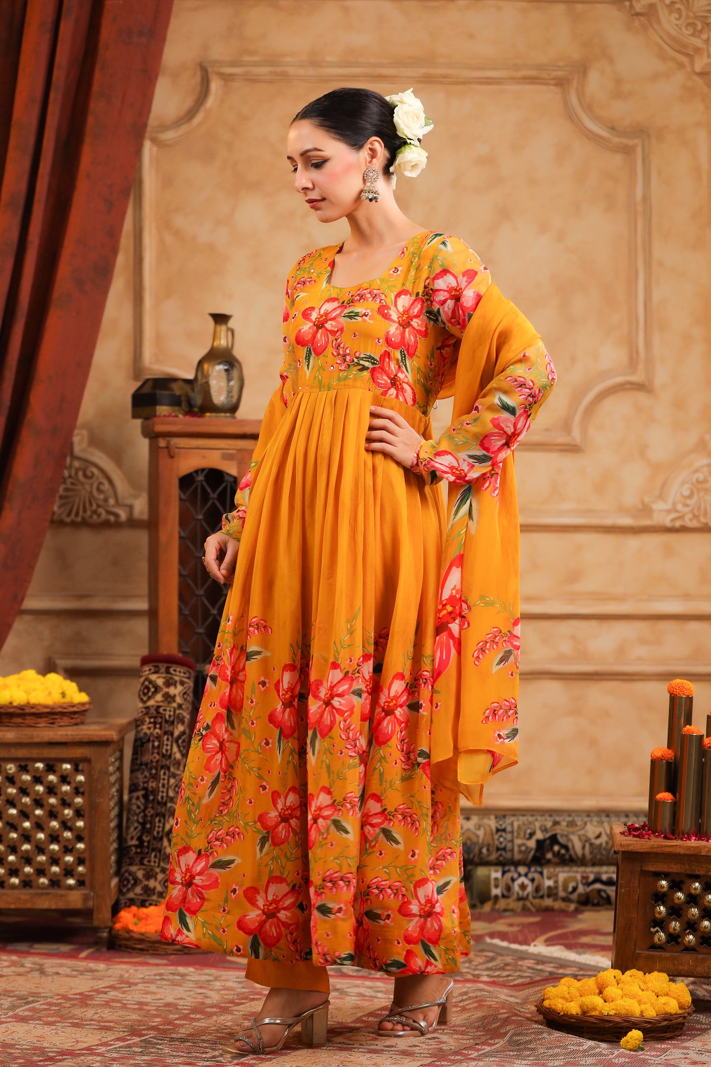 Mustard Organza Anarkali Suit Set