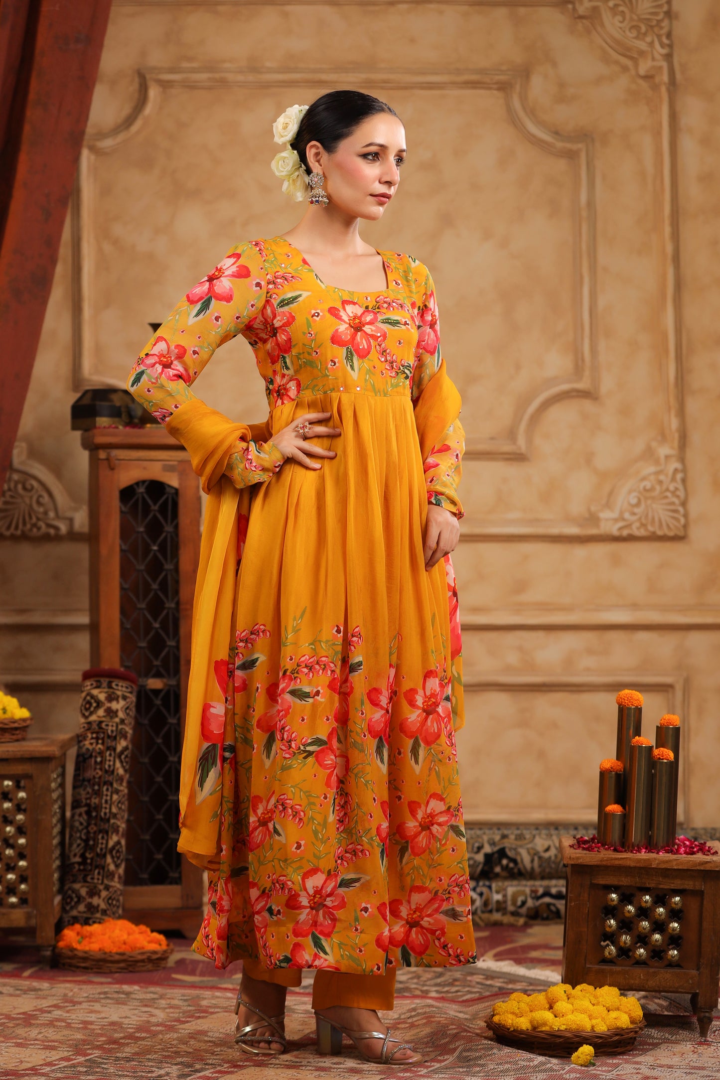 Mustard Organza Anarkali Suit Set