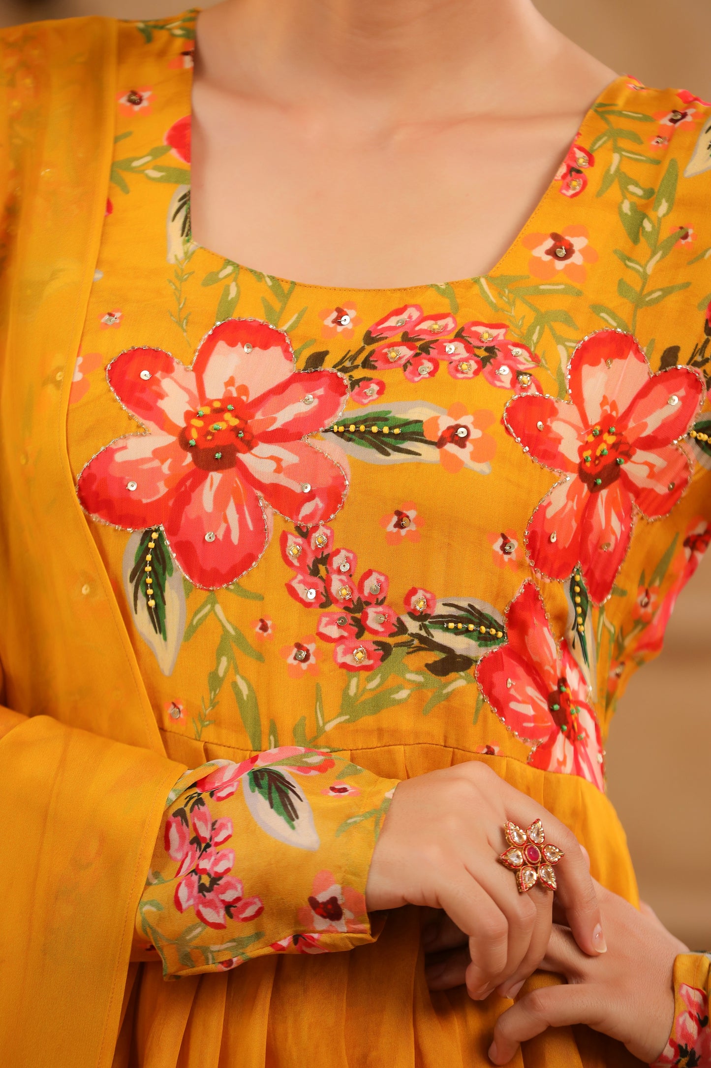 Mustard Organza Anarkali Suit Set