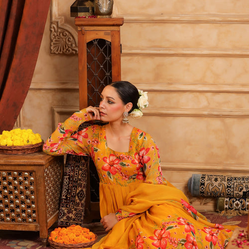 Mustard Organza Anarkali Suit Set