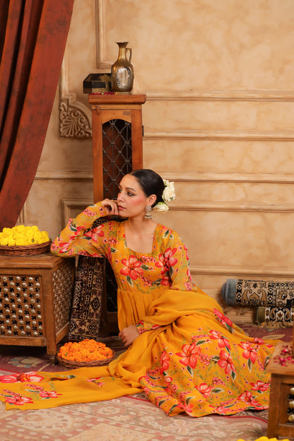 Mustard Organza Anarkali Suit Set