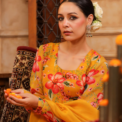 Mustard Organza Anarkali Suit Set