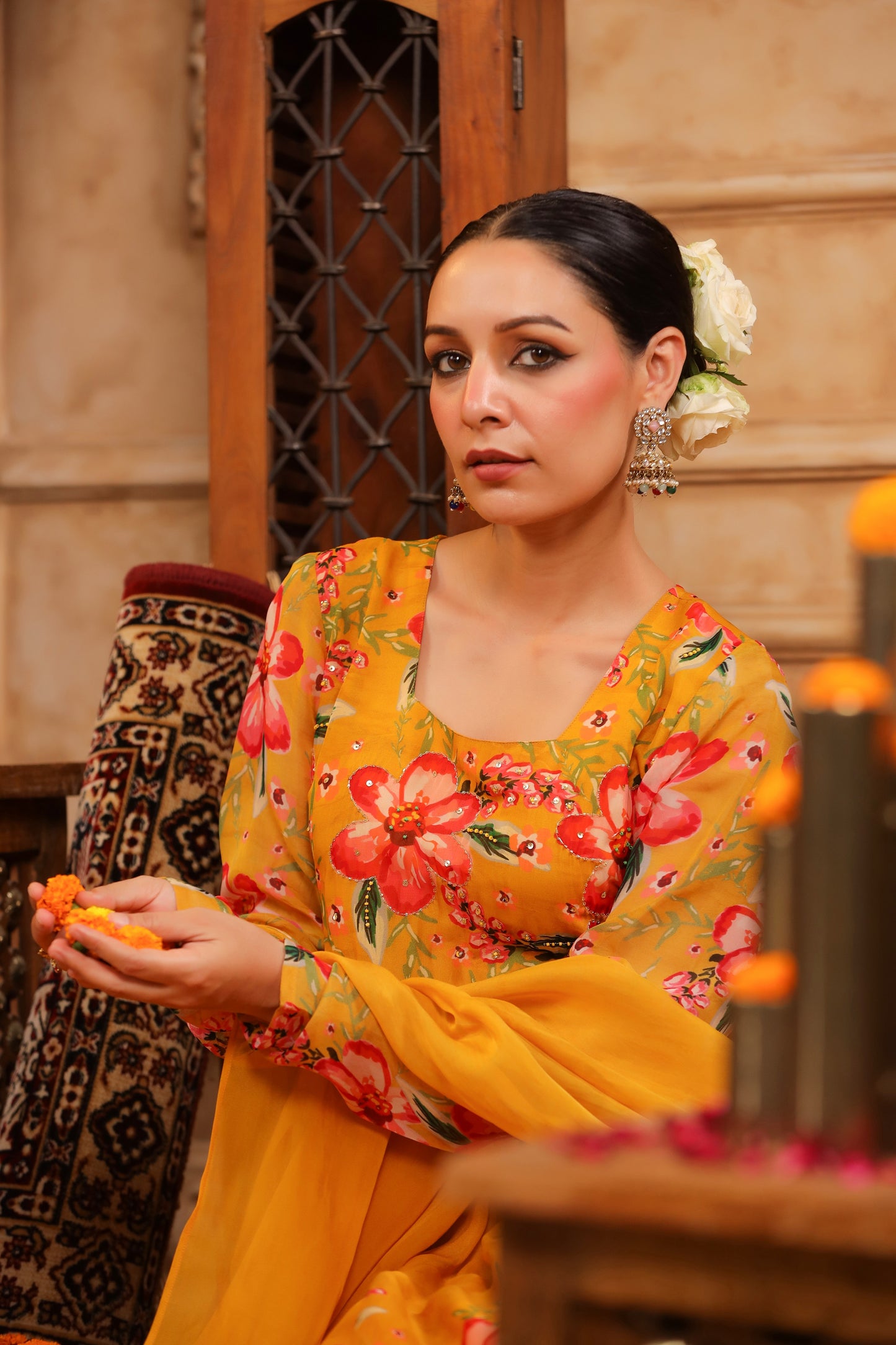 Mustard Organza Anarkali Suit Set