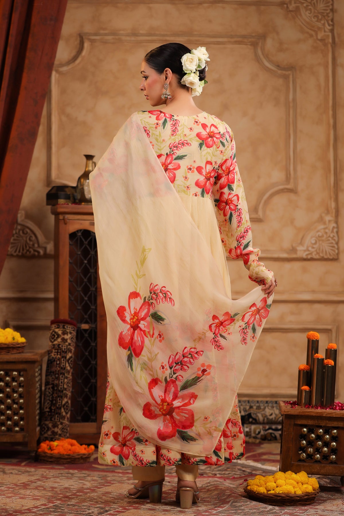 Cream Organza Anarkali Suit Set