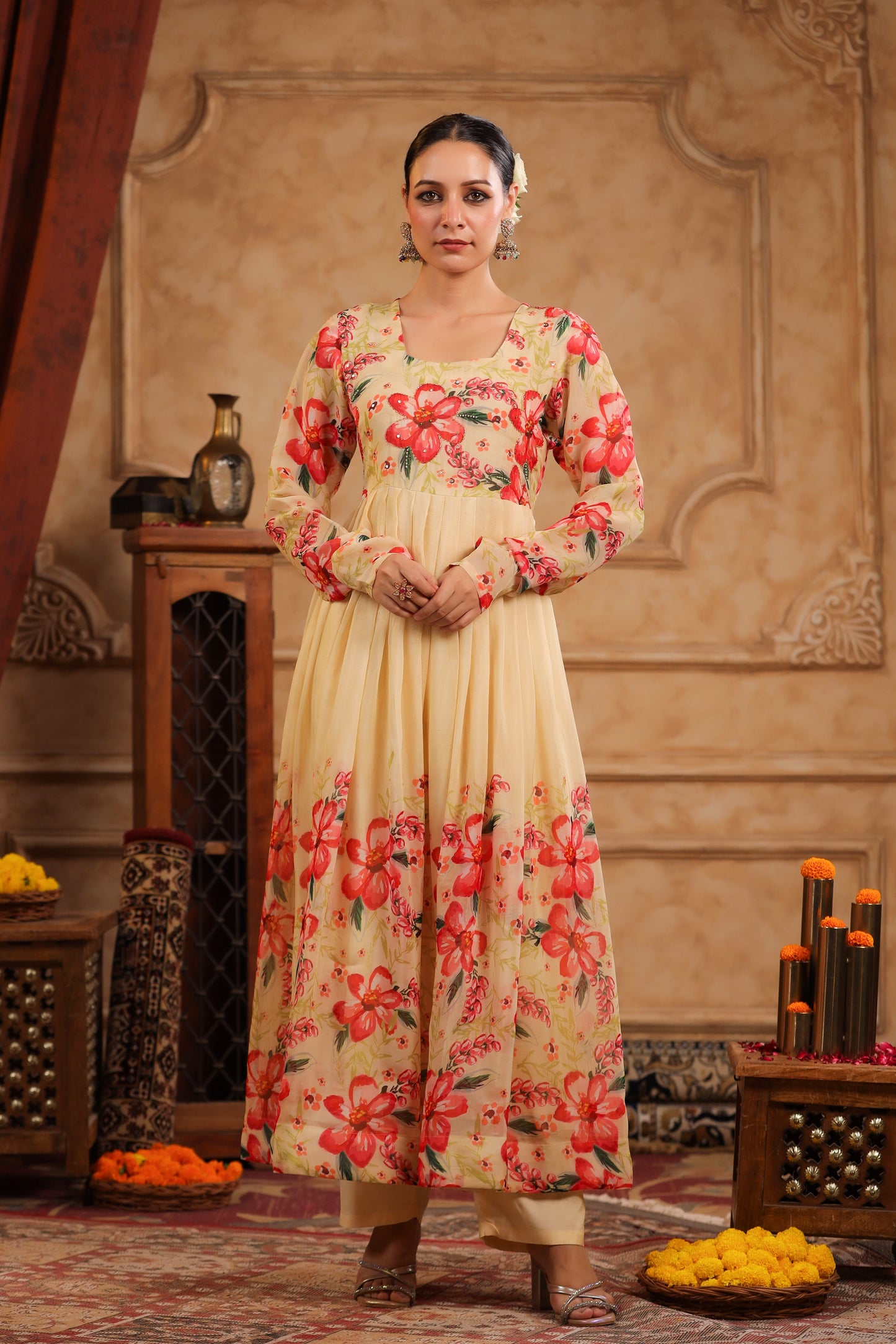 Cream Organza Anarkali Suit Set