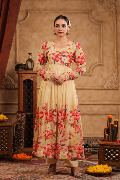 Cream Organza Anarkali Suit Set