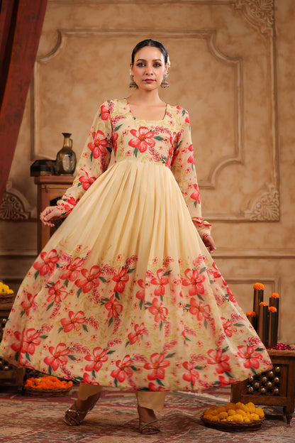 Cream Organza Anarkali Suit Set