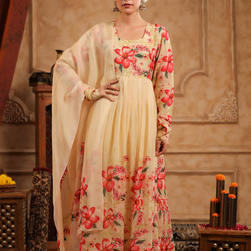 Cream Organza Anarkali Suit Set