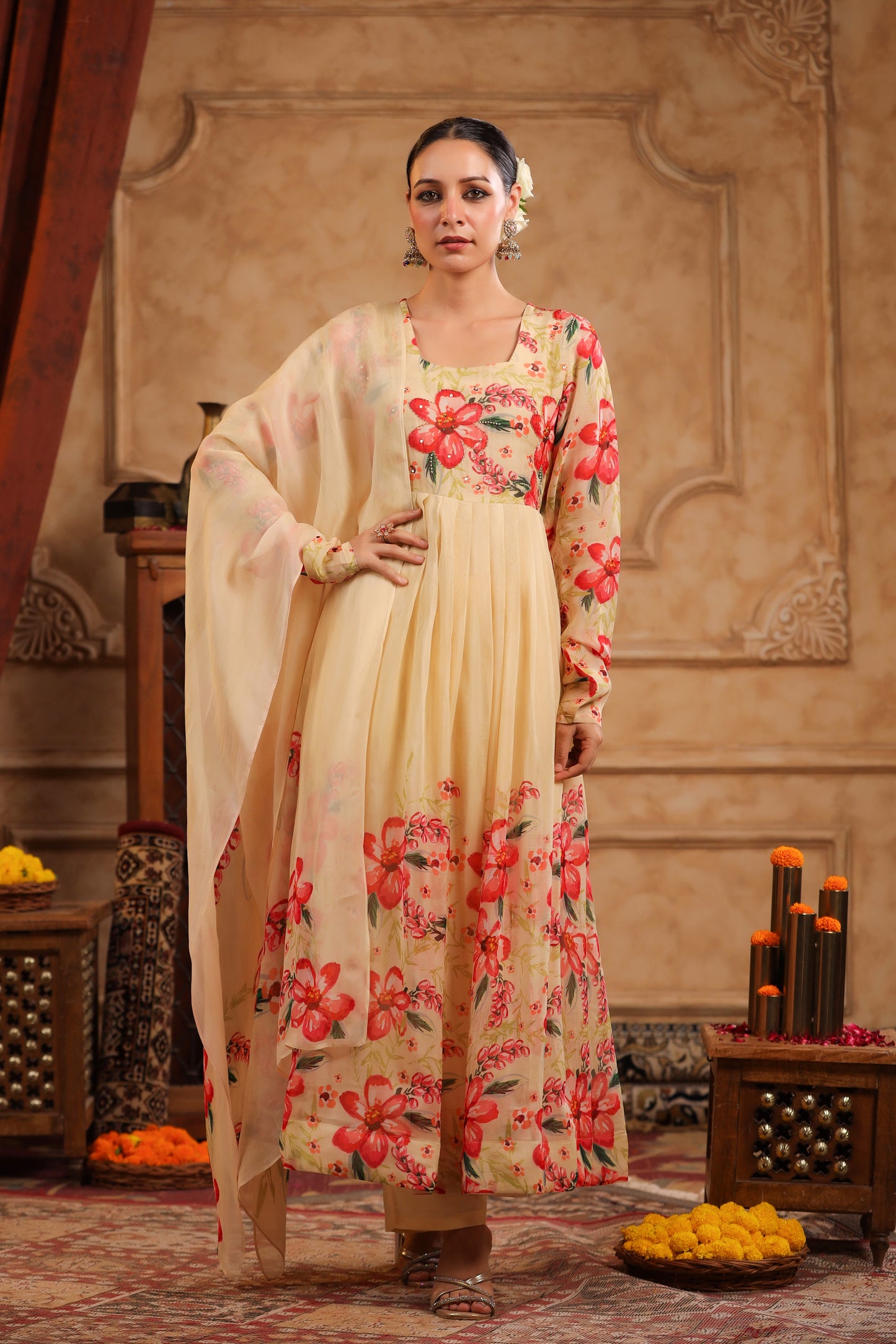 Cream Organza Anarkali Suit Set