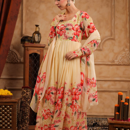 Cream Organza Anarkali Suit Set