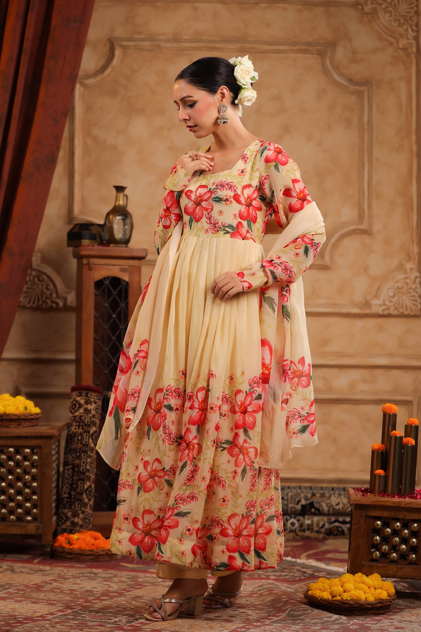 Cream Organza Anarkali Suit Set