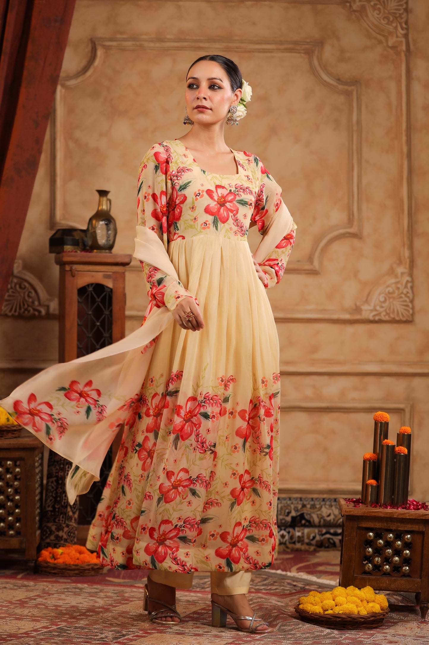 Cream Organza Anarkali Suit Set