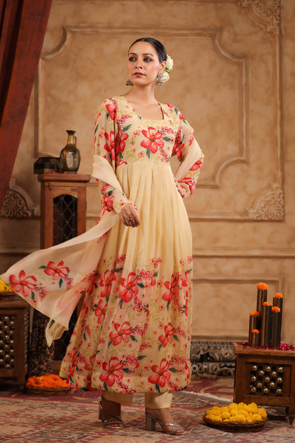 Cream Organza Anarkali Suit Set