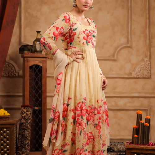 Cream Organza Anarkali Suit Set