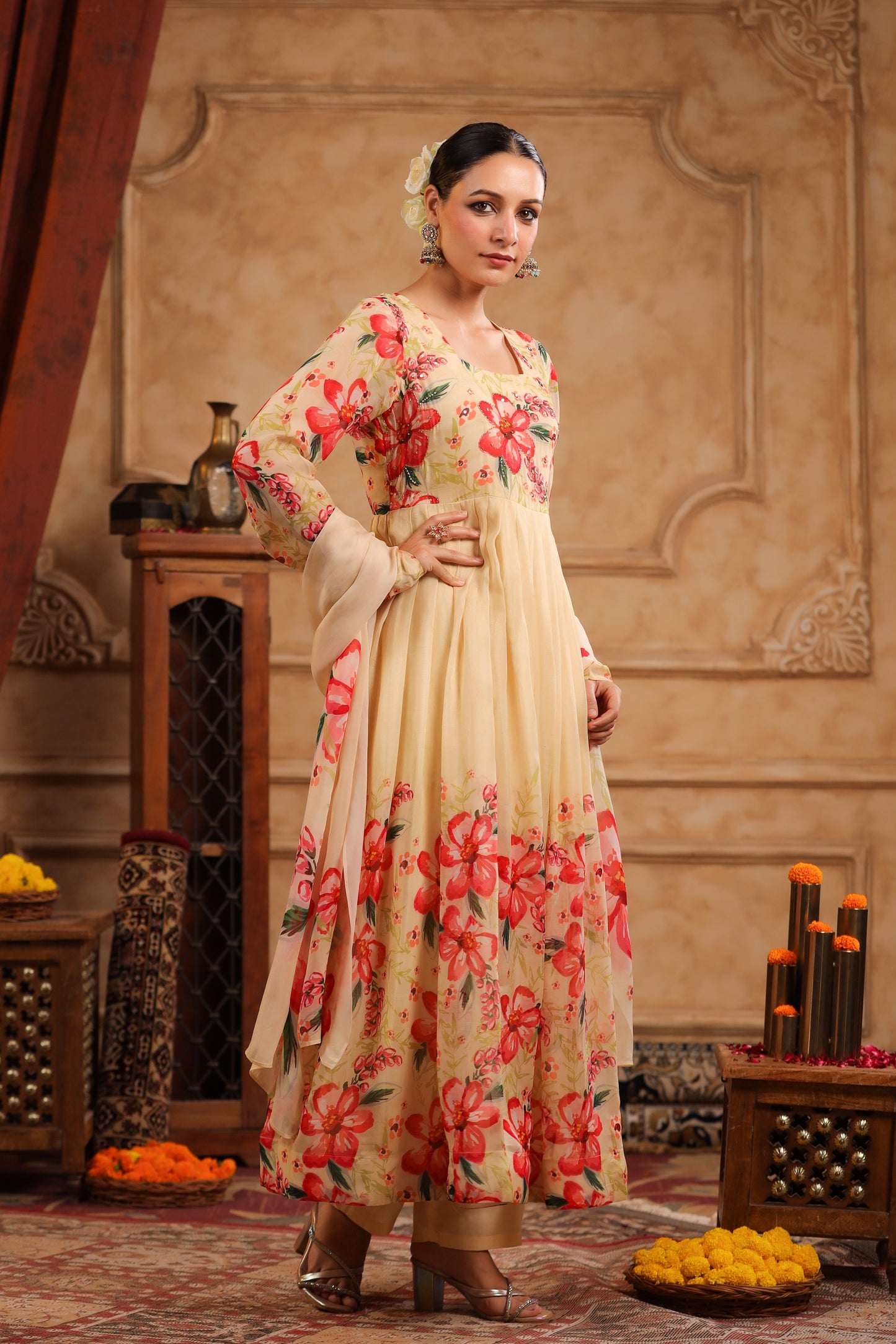 Cream Organza Anarkali Suit Set