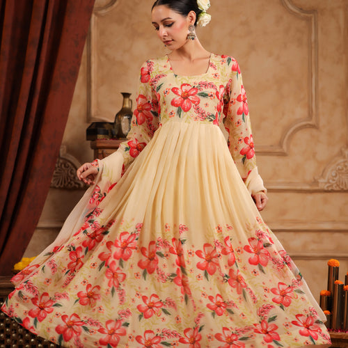 Cream Organza Anarkali Suit Set