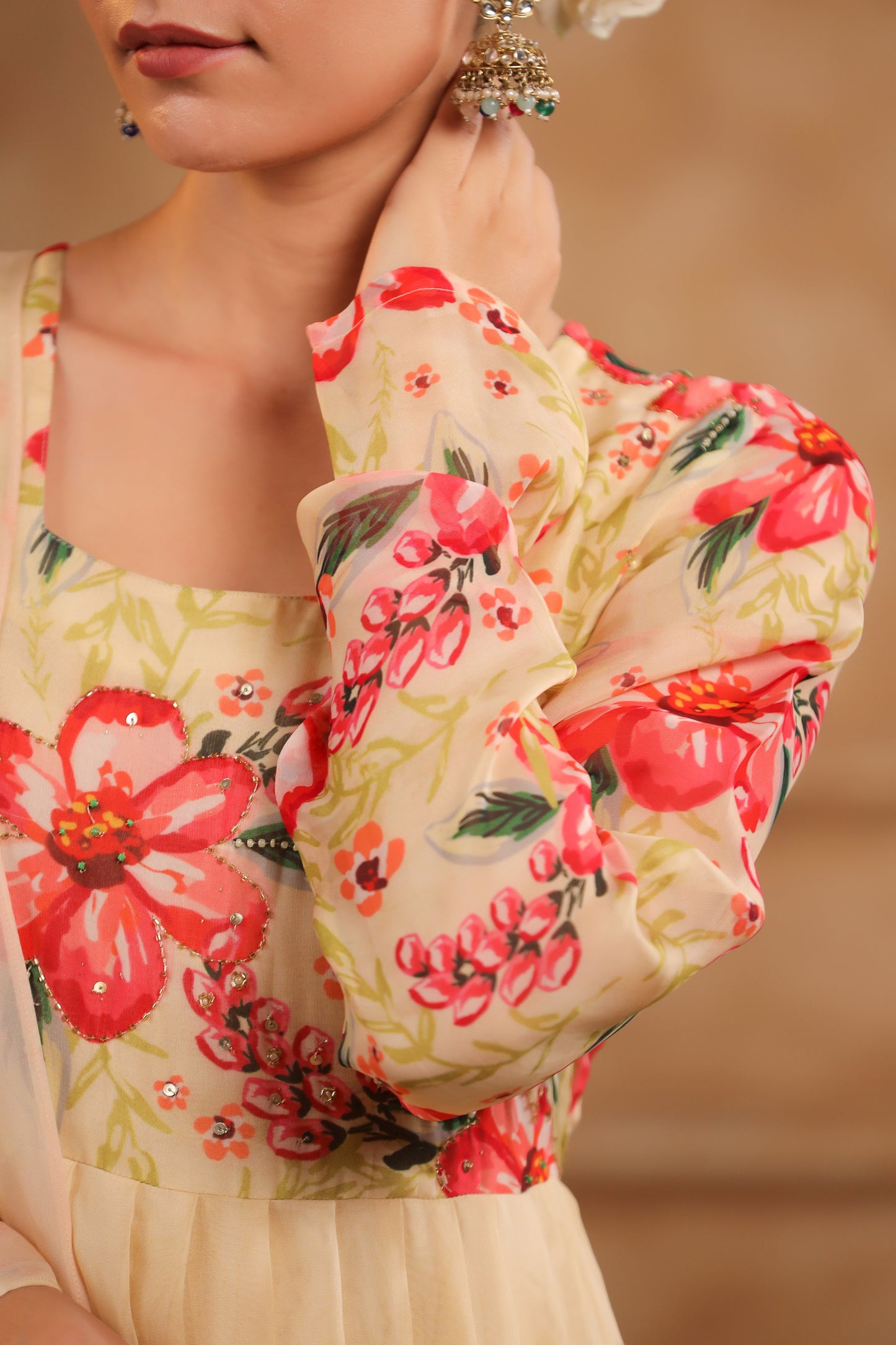 Cream Organza Anarkali Suit Set